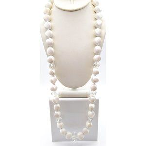 Chunky White Long Beaded Necklace, Faceted Vintage Lucite Beads with Clear Resin
